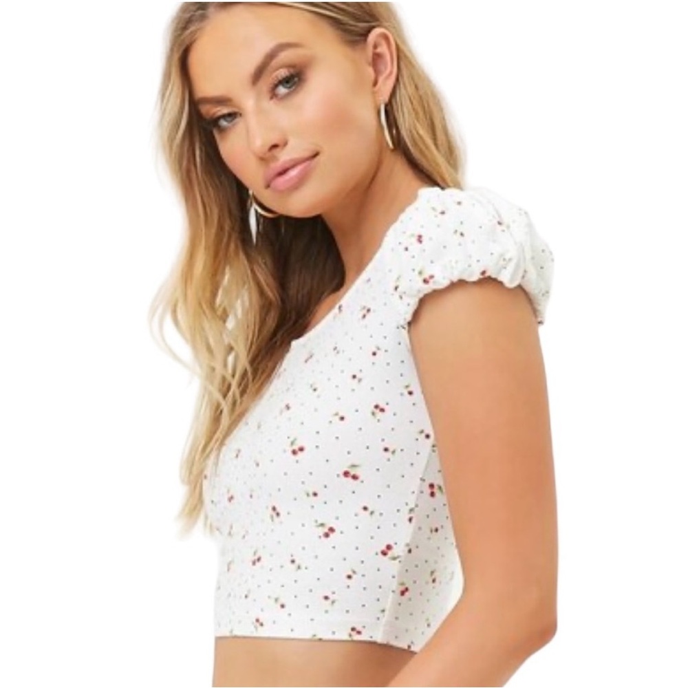 Forever 21 White Floral Puff Sleeve with Cherry Print